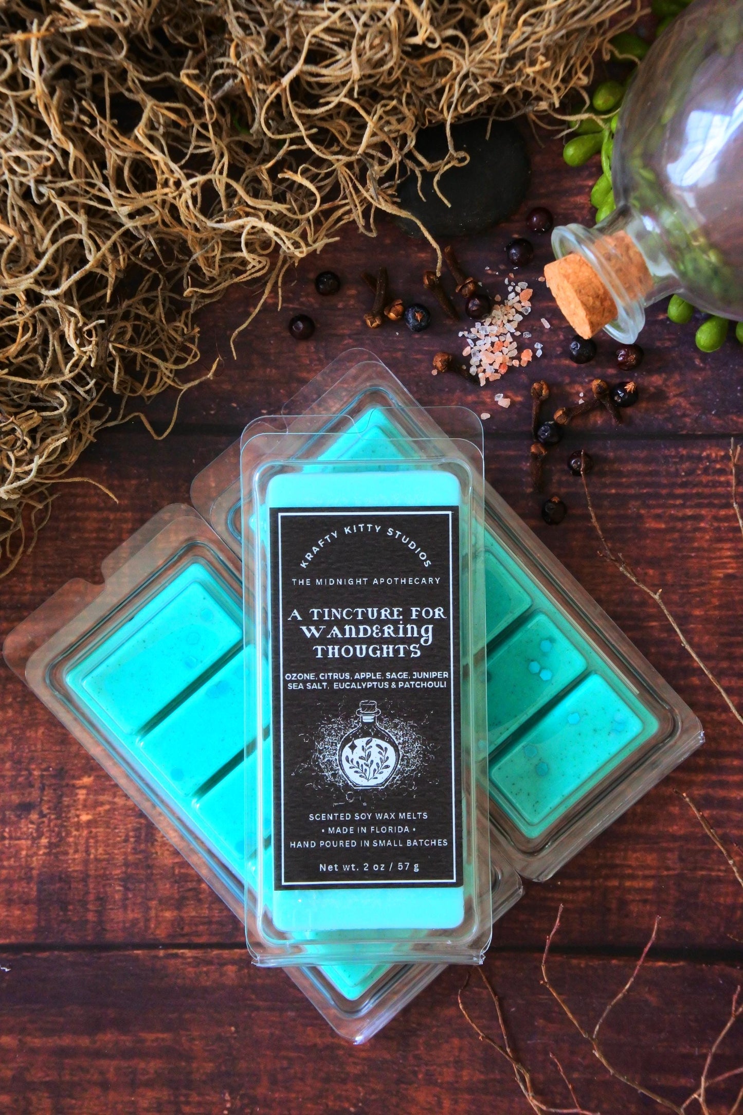 A Tincture for Wandering Thoughts: Ozone, Citrus, Apple, Sage, Juniper, Sea Salt, Eucalyptus, Patchouli | Soy Wax Melt | Midnight Apothecary