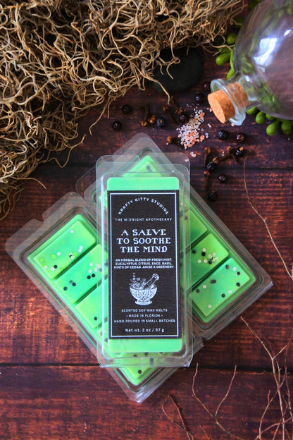 A Salve to Soothe the Mind: Mint, Eucalyptus, Citrus, Sage, Basil, Cedar, Anise & Greenery | Soy Wax Melt Snap Bar | Midnight Apothecary