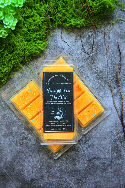 Moonlight Upon the Altar: Sandalwood, Cedar, Clover, Amber, Crushed Spices, Lavender | Soy Wax Melt | Spellcaster Collection