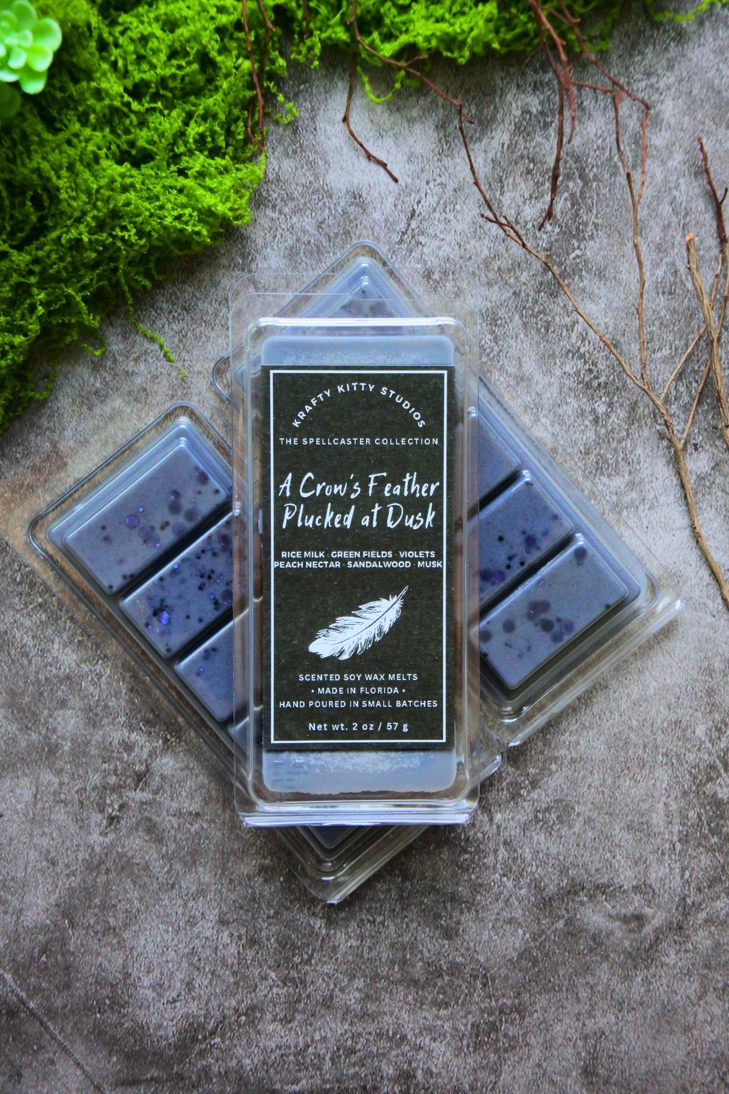 A Crow's Feather Plucked at Dusk - Rice Milk, Green Fields, Violets, Peach Nectar, Sandalwood, Musk | Soy Wax Melt | Spellcaster Collection
