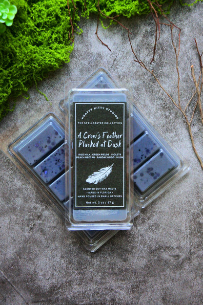 A Crow's Feather Plucked at Dusk - Rice Milk, Green Fields, Violets, Peach Nectar, Sandalwood, Musk | Soy Wax Melt | Spellcaster Collection
