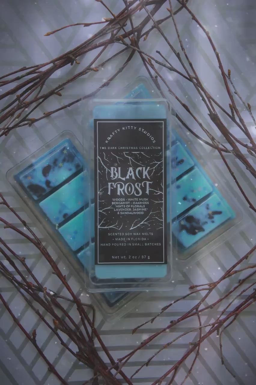 Black Frost | Woods, White Musk, Bergamot, Oakmoss, Hints of Florals, Lavender & Sandalwood | Natural Soy Wax Melt Snap Bar | Dark Christmas